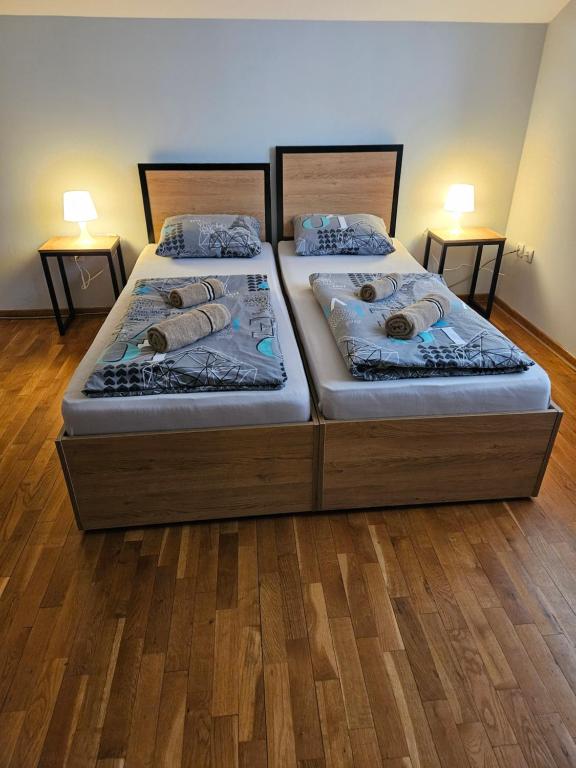 deux lits jumeaux dans une chambre avec deux lampes dans l'établissement Apartments Peka, à Dušanovac (historical)