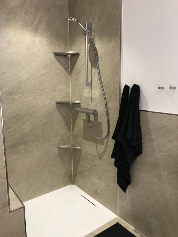 a shower in a bathroom with a glass wall at Meckenheim in Meckenheim