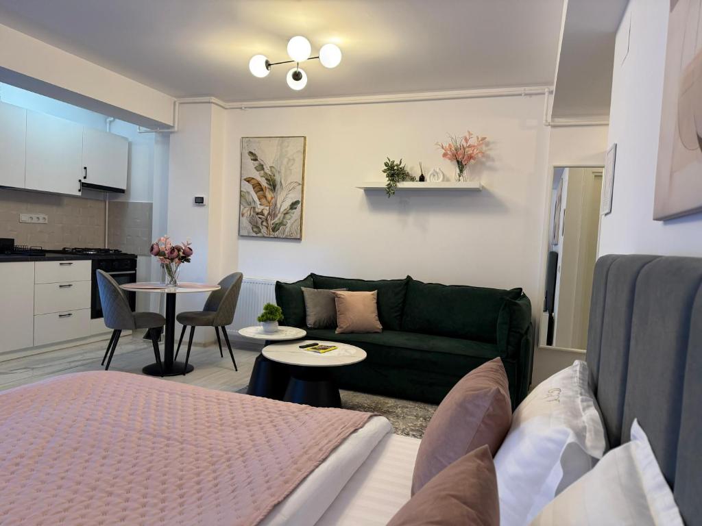 un salon avec un canapé vert et une table dans l'établissement Sofia Residence - Otopeni Airport & Therme I Libertatii Gardens - free pool facilities, à Otopeni