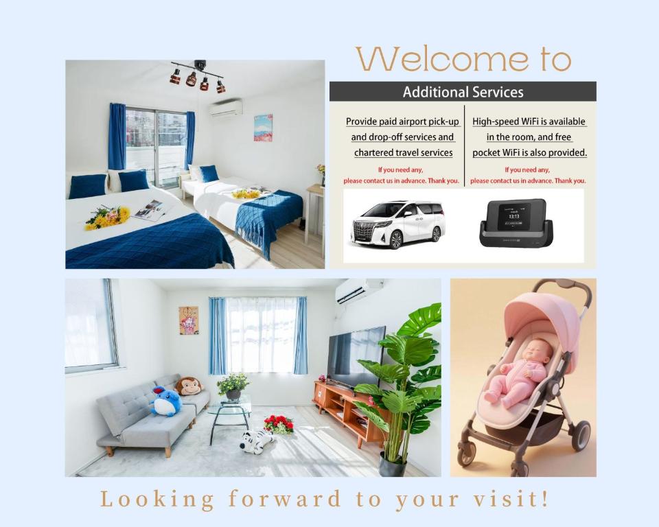 a collage of pictures of a room with a baby in a stroller at 4 minutes walk from Kawaguchi Newly built three-story single-family house with 78 square meters 18 minutes by train to Ueno in Kawaguchi