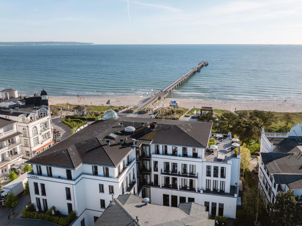 an aerial view of a building and the beach at A-ROSA Hotel Ceres am Meer - Adults Only in Binz