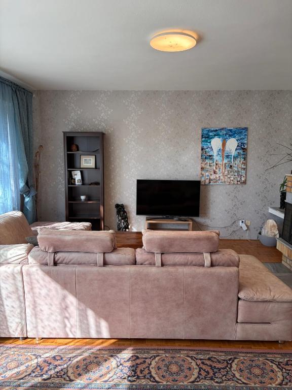 a living room with a couch and a flat screen tv at Villa appartment in Vinohrady