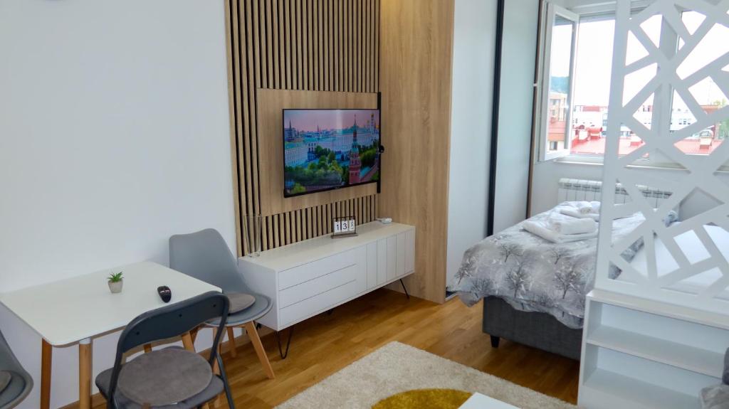 um quarto com uma cama, uma escrivaninha e uma TV em Apartman studio KOPS em Vranješ