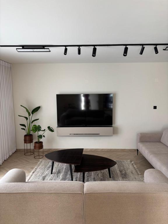 a living room with a couch and a tv on a wall at RASHI6 Boutique Villa in Netanya