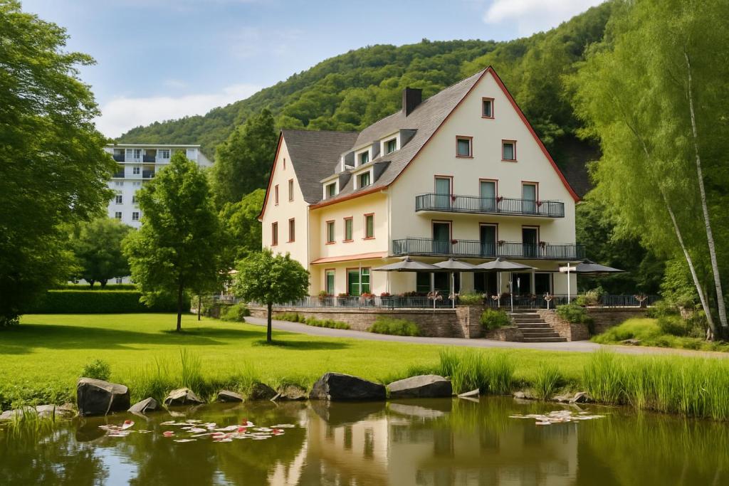 un hotel con un estanque frente a un edificio en Hotel Alte Mühle, en Bad Bertrich