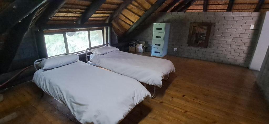 a bedroom with two beds in a attic at Daisy Lodge in Barberton