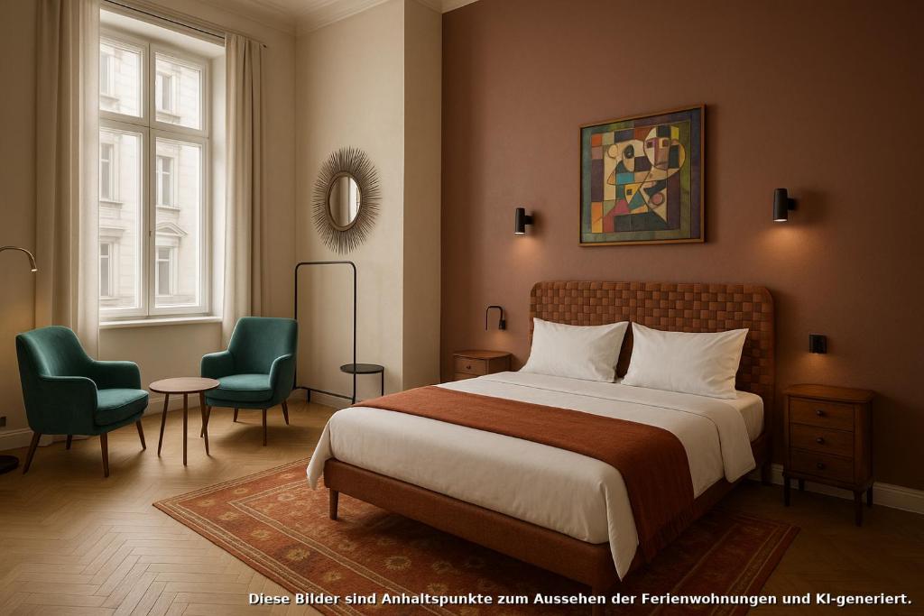 a bedroom with a bed and two green chairs at Schulze am Markt in Lichtenfels