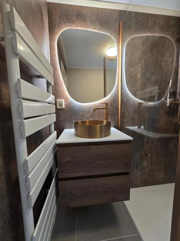 a bathroom with a sink and a mirror at Chalet Dune chaletpark krabbenkreek Sint Annaland in Sint Annaland
