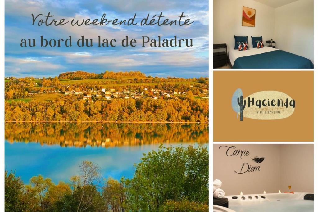 a collage of pictures of a lake and a town at L'HACIENDA DUO a romantic getaway with a private spa in Charavines