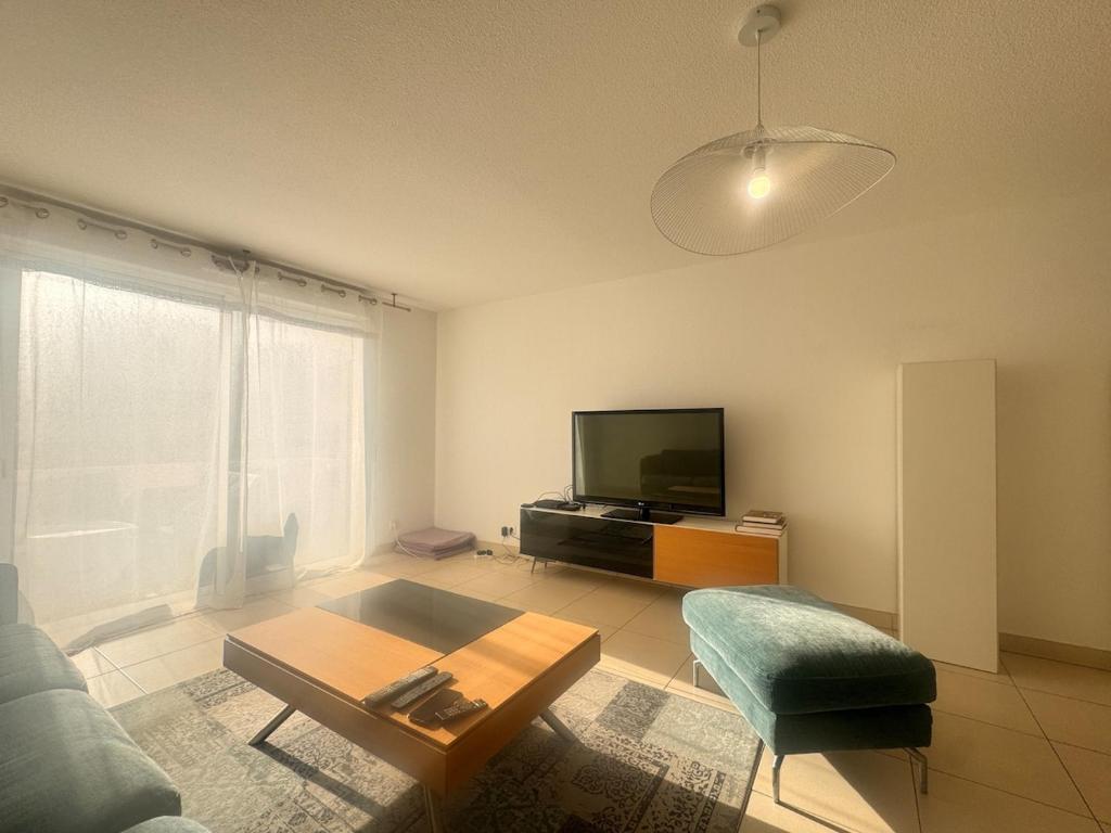 een woonkamer met een bank en een tv bij Appart 2 Chambres Charley super emplacement et parking in Calvi