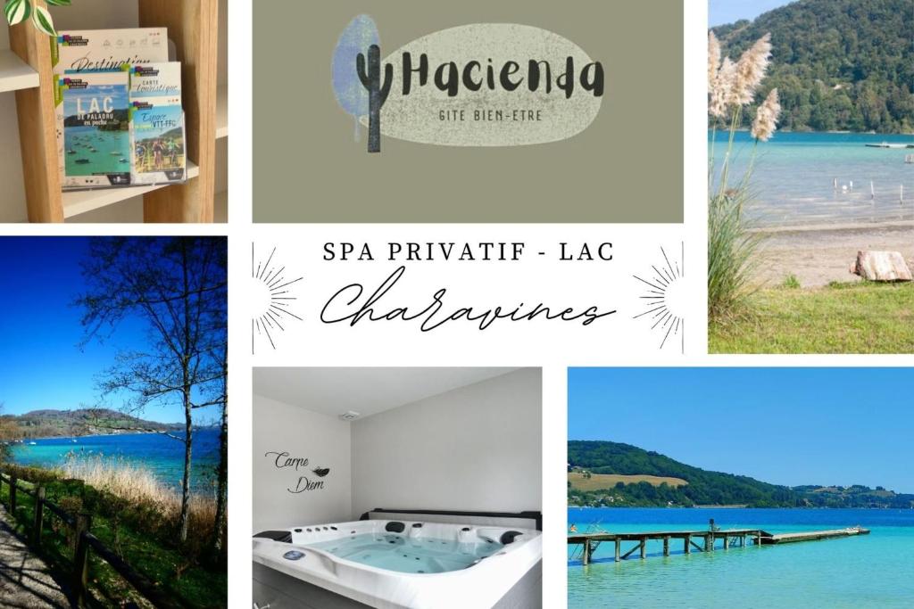 a collage of photos of the sights of sar peninsula lagitzerland at L'HACIENDA spapoollake in Charavines