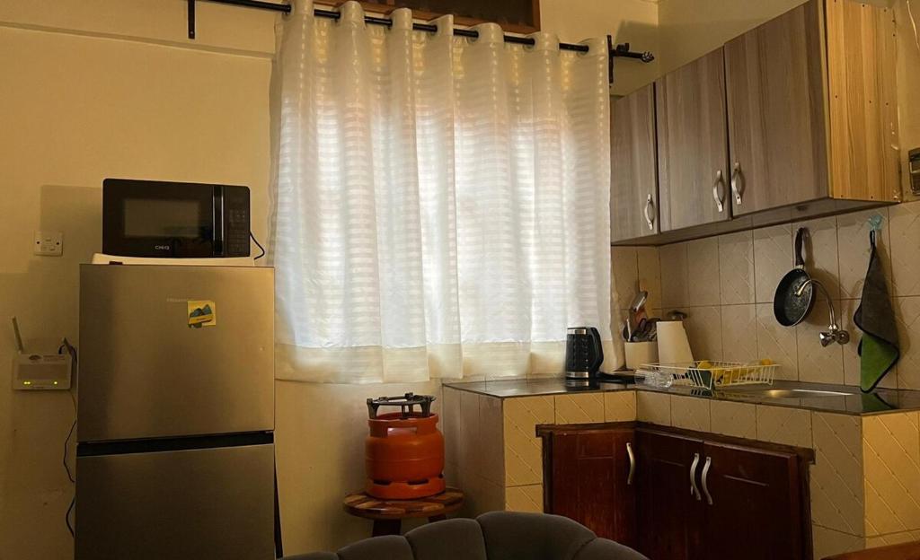 a kitchen with a refrigerator and a window at Karma Homes in Buye