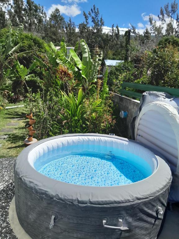 a barrel shaped hot tub in a garden at L'Empreinte by LONBRAZ VOLKAN in Saint-Philippe