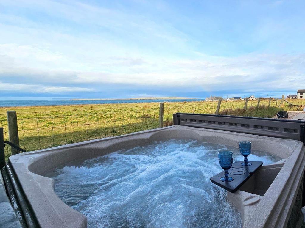 a jacuzzi tub with two wine glasses in it at 4 Bed in Huna 95612 in Huna