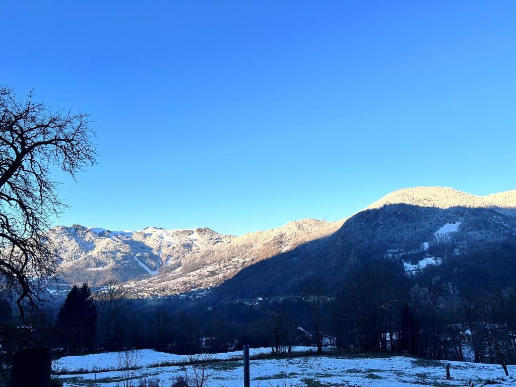 a snow covered mountain with trees and mountains at Chalet Tiny & Campagne in Onnion
