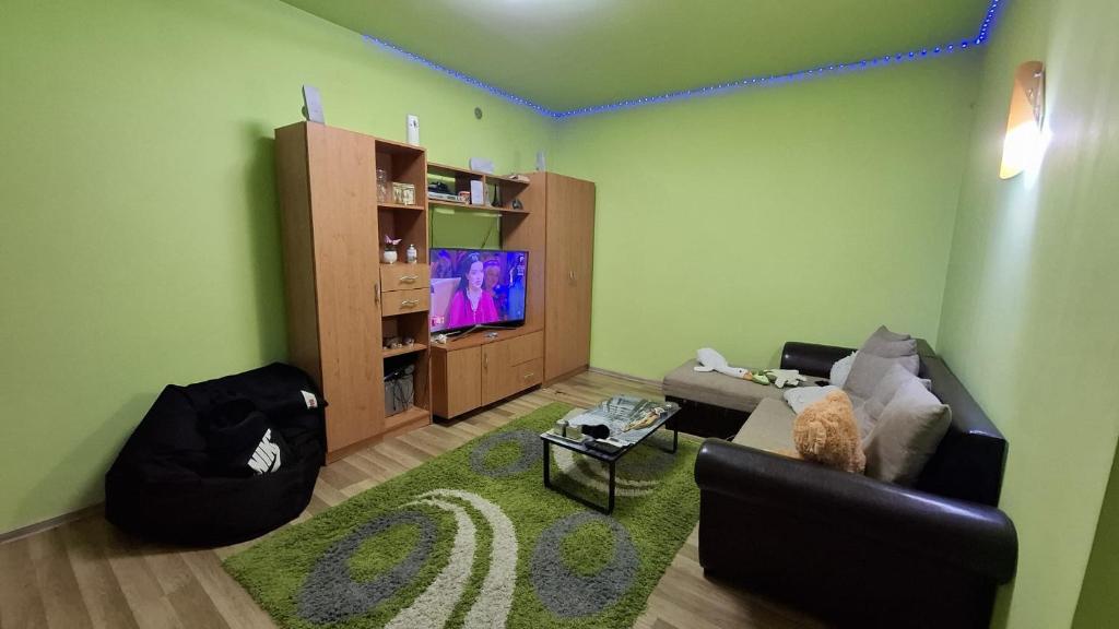 a living room with a couch and a tv at Reghin Ultra Central in Reghin