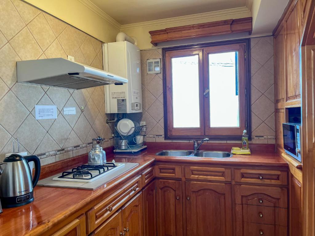 a kitchen with wooden cabinets and a sink and a window at Balcones del Beagle Apart in Ushuaia