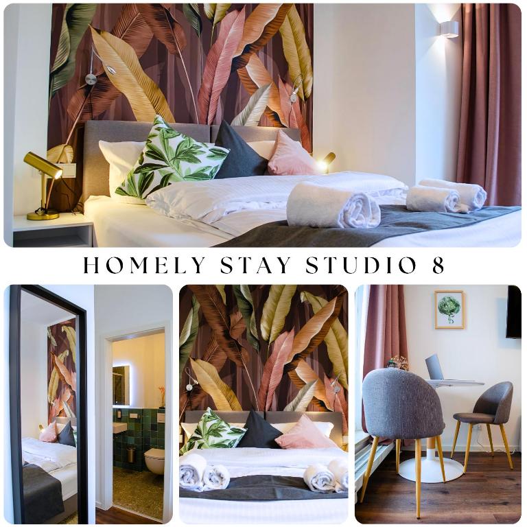 Hotel HOMELY STAY Studio 8 - Relaxed Self-Check-In room in Munich, a collage of three pictures of a hotel room with a bedroom at HOMELY STAY Studio 8 - Relaxed Self-Check-In room in Munich in Munich