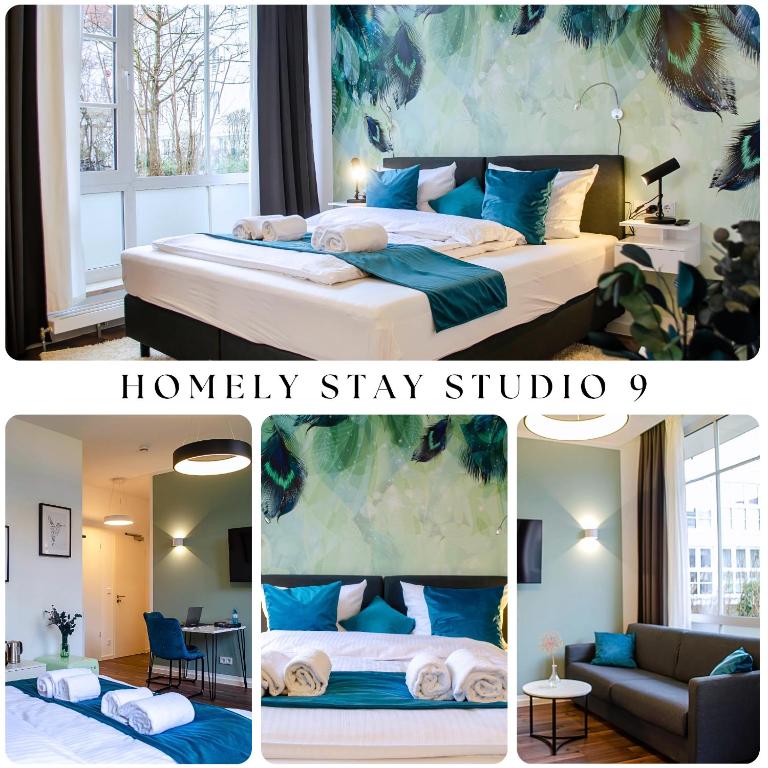 Hotel HOMELY STAY Studio 9 - Stylish & Convenient Self-Check-In Studio in Munich, a collage of four pictures of a bedroom at HOMELY STAY Studio 9 - Stylish & Convenient Self-Check-In Studio in Munich in Munich