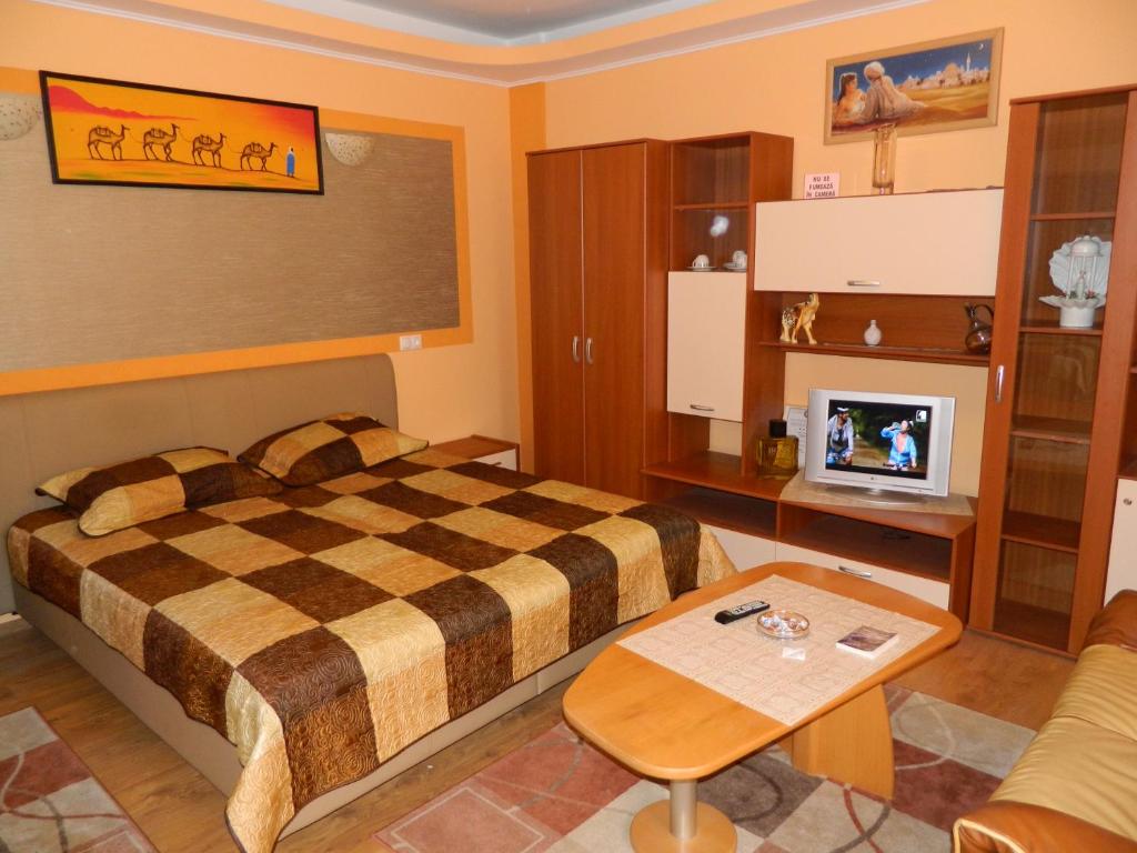 - une chambre avec un lit, une table et une télévision dans l'établissement Cora Centru Pitesti, à Piteşti