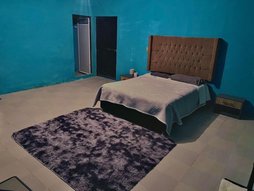 a bedroom with a large bed and a rug at Loft en Puebla in El Gallinero