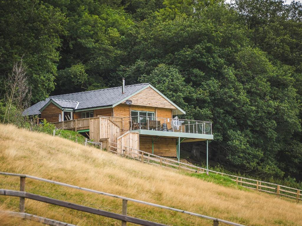 a wooden house on the side of a hill at Red Kite Lodge - Uk32610 in Old Radnor