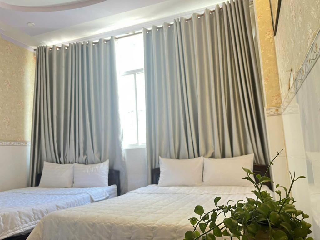 two beds in a bedroom with curtains and a plant at My Kim Hotel - Ngay Bến Ninh Kiều in Can Tho