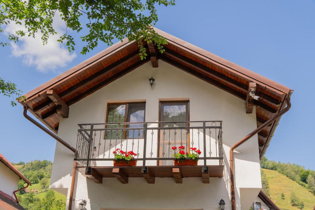 a house with a balcony with flowers on it at Chalet Iosif & Maria in Şimon
