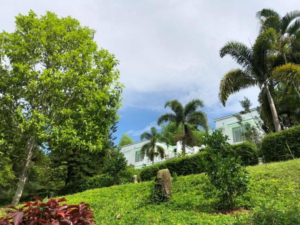 a white building with palm trees in the background at Samunthitar Resort in Khao Kho