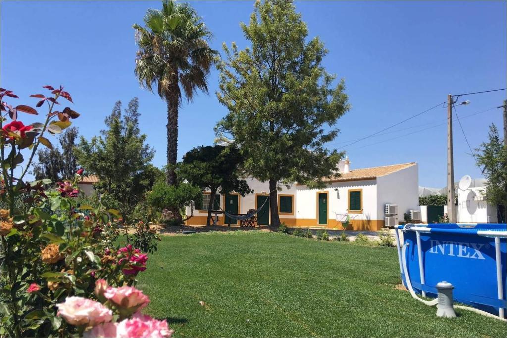 a yard with a house and a palm tree at Quinta Rosa Branca in Tavira