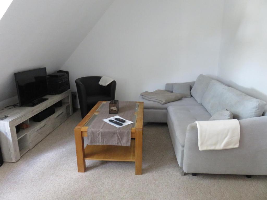 a living room with a couch and a coffee table at Wohnung am Tor zur Lewitz in Banzkow