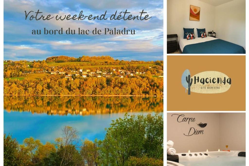 a collage of pictures of a lake and a town at L'HACIENDA DUO a romantic getaway with a private spa in Charavines