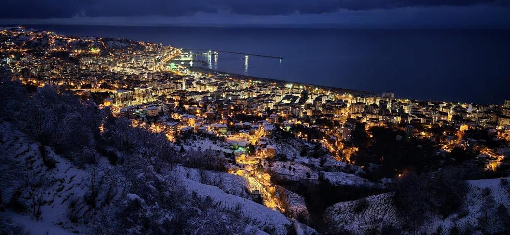 a city on the side of a mountain at night at Şahin Tepesi Suites - Manzaralı lüks Suit in Rize