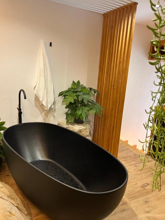 eine schwarze Badewanne auf einem Tisch mit Pflanzen in der Unterkunft La Posada de Botavara in Madrid