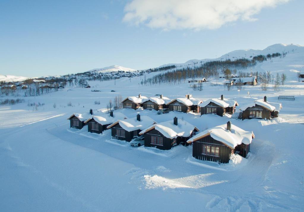 una vista aérea de un pueblo cubierto de nieve en Rauland Feriesenter, en Rauland