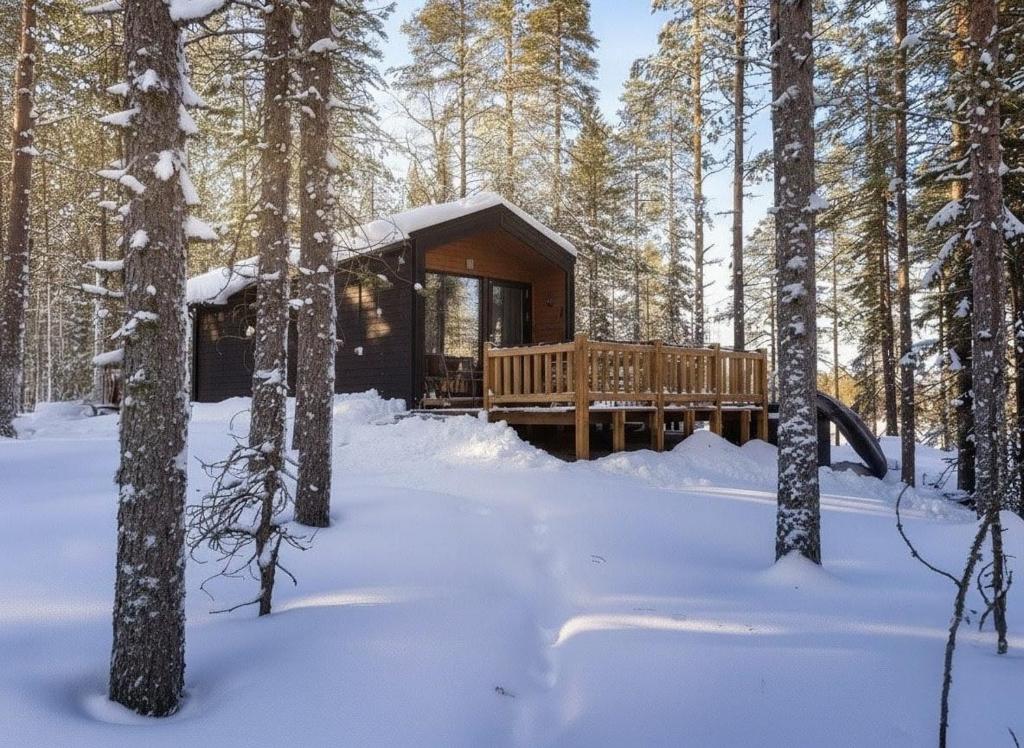 a log cabin in the woods in the snow at Villa Kutula in Hossa