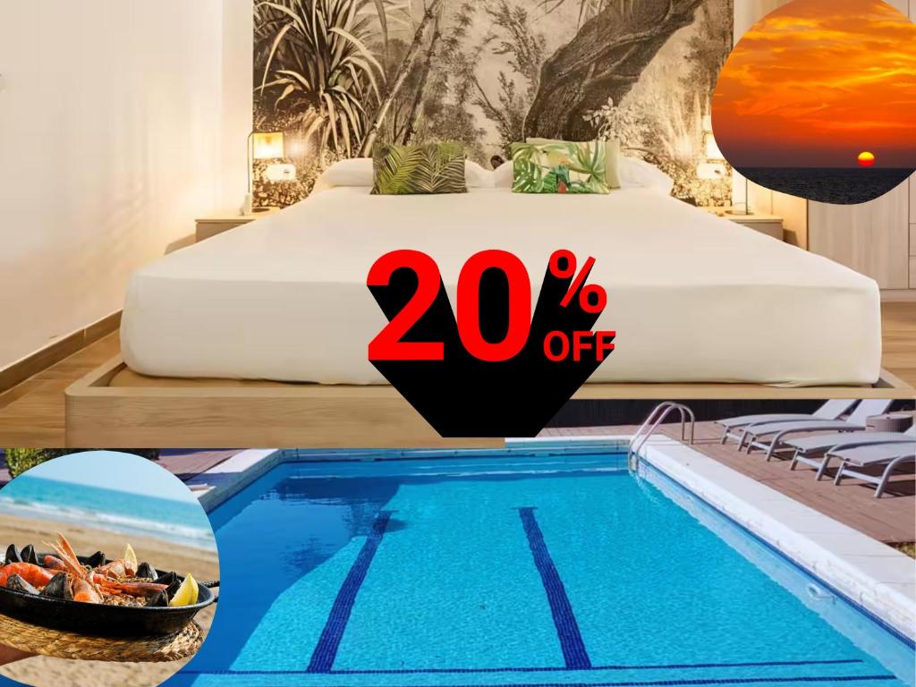 ein Hotelzimmer mit Bett und Swimmingpool in der Unterkunft Cabril's Hills Luxe Suites in Cabrils