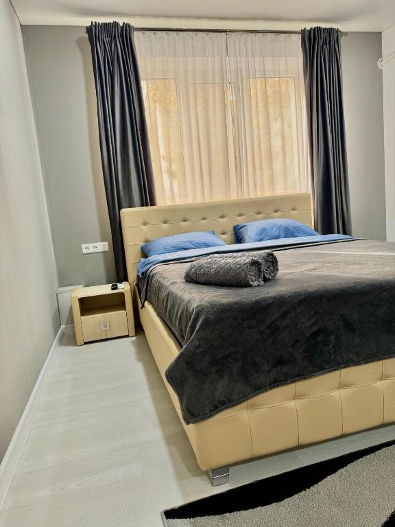 a bedroom with a bed with a cat laying on it at Apartament Edinet-единец in Edineţ
