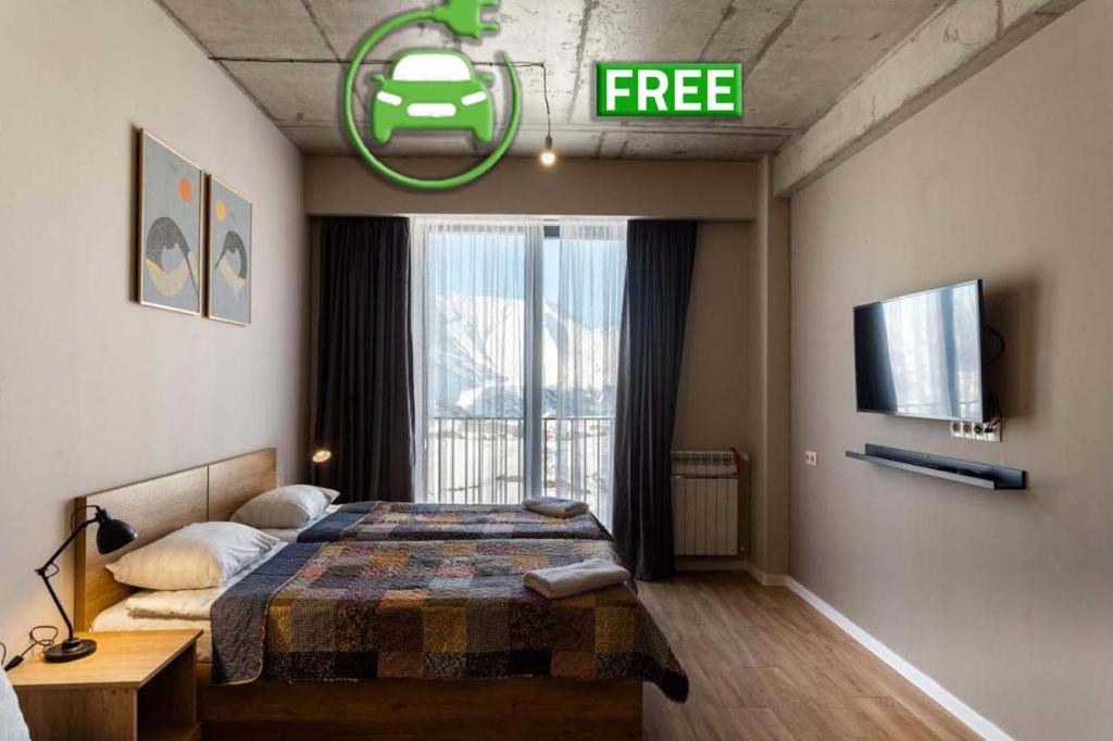 グダウリにあるRedco Alpic New Gudauri - Ziggy Apartmentのベッドとテレビと窓のある寝室