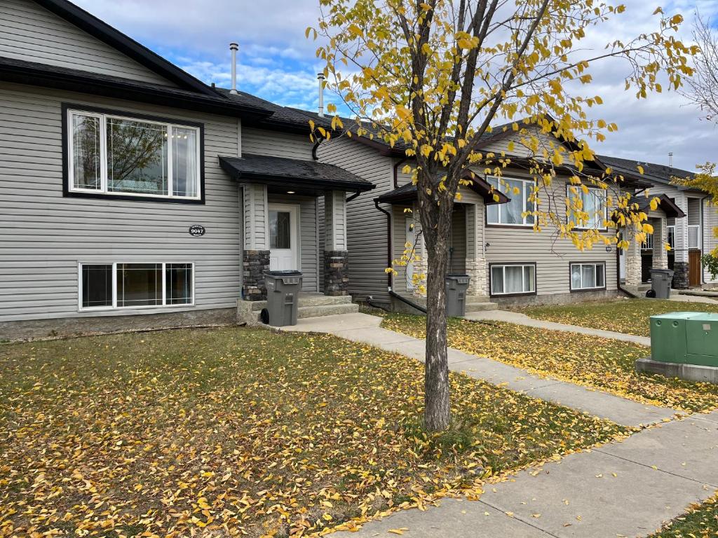 a house with a tree in the front yard at 3 Adjacent 4-bed Homes - Park Views, Fully Stocked in Grande Prairie