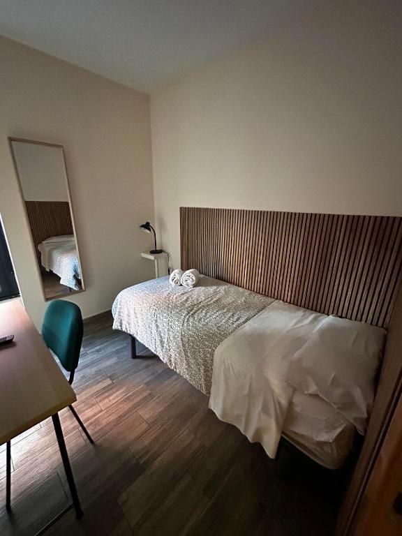 a bedroom with a bed and a desk and a mirror at Coliving Leon in León