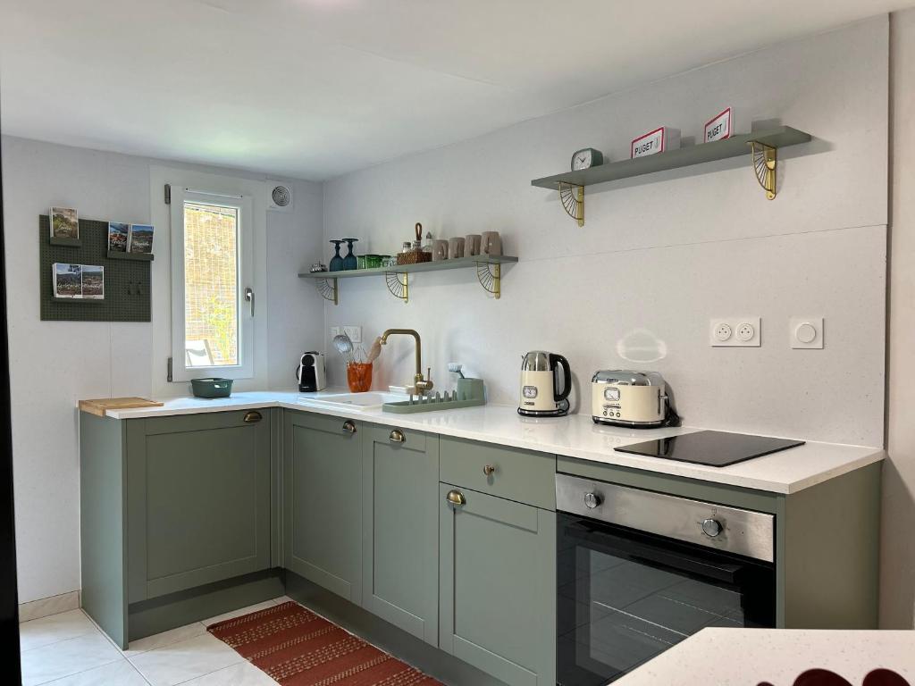 a kitchen with green cabinets and a sink at Esprit CAP FERRET in Puget