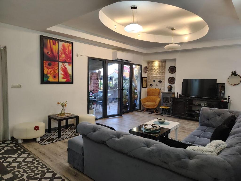 a living room with a couch and a tv at Katata Apartment Spacious House Floor with Terraces, 3 Bedrooms, Parking,Wi-Fi in Podgorica