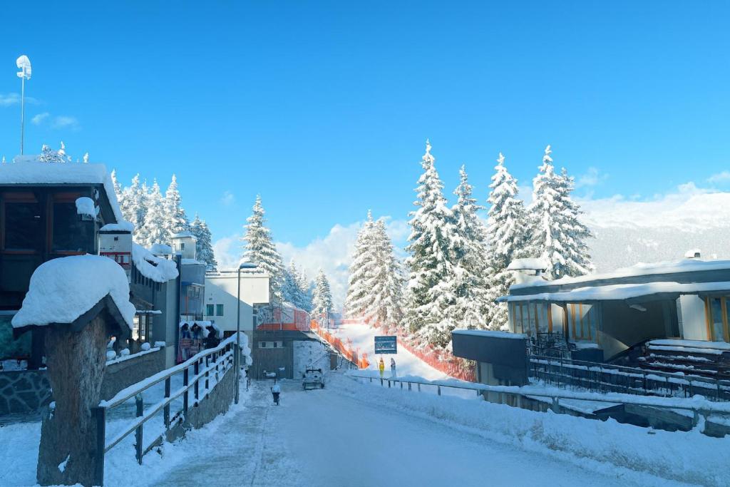 una calle cubierta de nieve con edificios y árboles en Residence Abete, en Marilleva