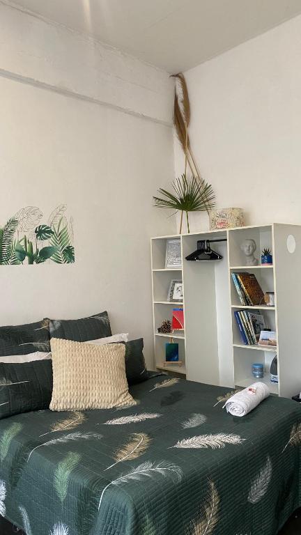 - une chambre avec un lit vert et une étagère dans l'établissement Hidden gem for creatives in maboneg, à Johannesbourg