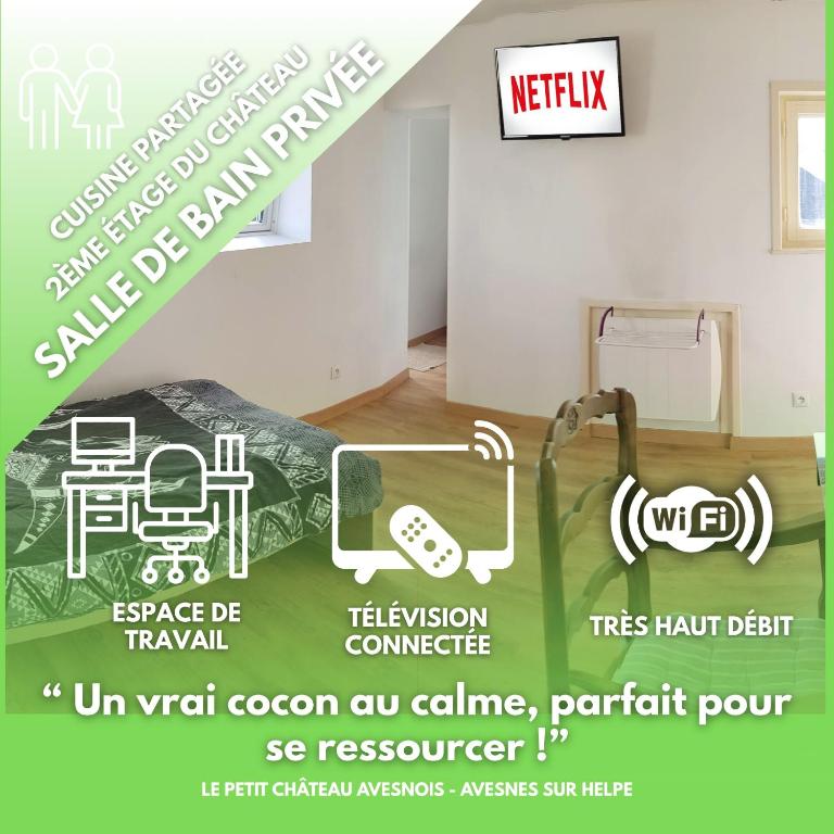 a flyer for a room with a bed and a sign at Le petit Château Avesnois - studio pour 1 personne - Cuisine Partagée in Avesnes-sur-Helpe
