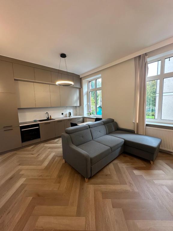 a living room with a couch and a kitchen at Mieszkanie Apartament stylowy zadbany parking parter in Słupsk