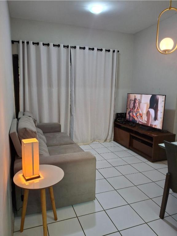 a living room with a couch and a tv at Apartamento térreo com 2 quartos e jardim in Teresina