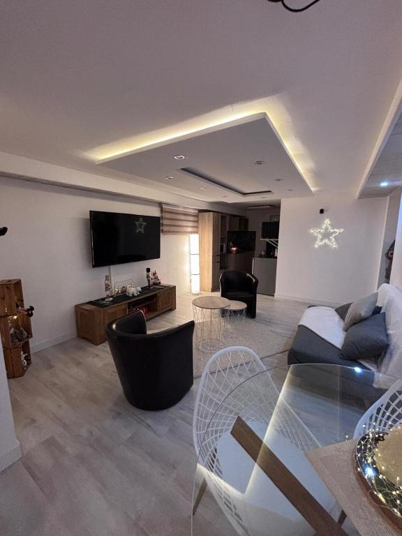 a living room with a couch and a tv at appartement en sous sol in Wittelsheim