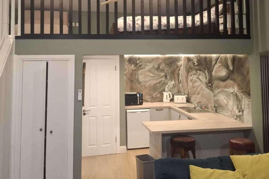 een keuken met een hoogslaper en een keuken met een wastafel bij Studio - Sleeps 4 - Garden - Parking - Wifi in Blessington